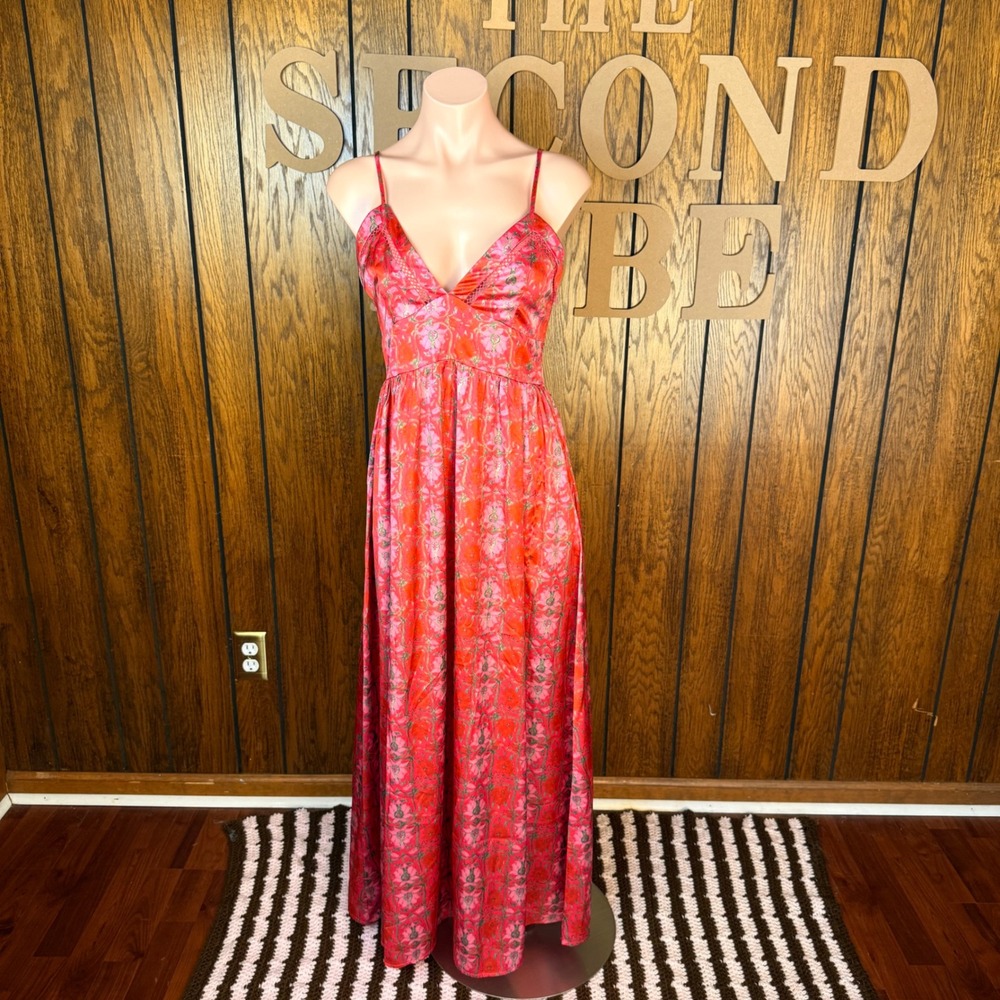 Magnolia Boutique Maxi Dress Womens S Red Floral V-Neck Adjustable Strap Boho